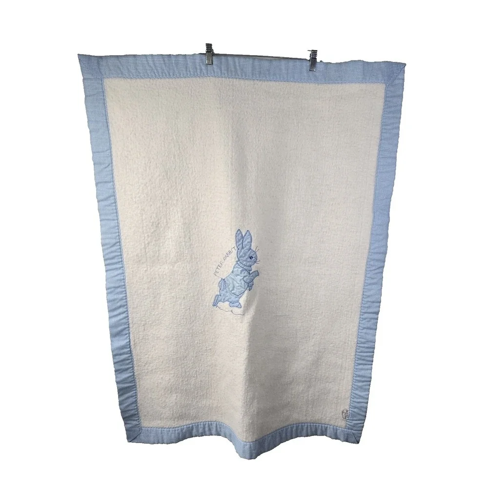 Quiltex Vtg Peter Rabbit Beatrix Blue Applica Throw Blanket Blue‎ Gingham Edge